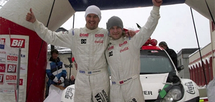 Mads Østberg ja Jonas Andersson võitjaina finišis. Foto: Norges Bilsportforbund